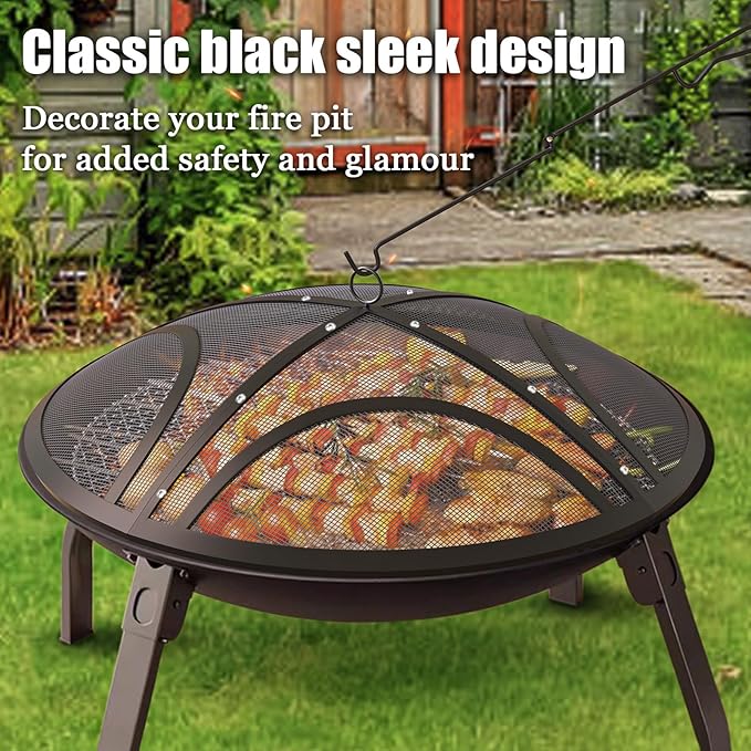 Fire Pit Spark Screen, Upgraded 30 Inch Outdoor Fire Pit Screen with Handle & Poker, Heavy-Duty Steel Fire Pit Cover Round Mesh Replacement Firepit Screen for Backyard/Beach/RV Camping