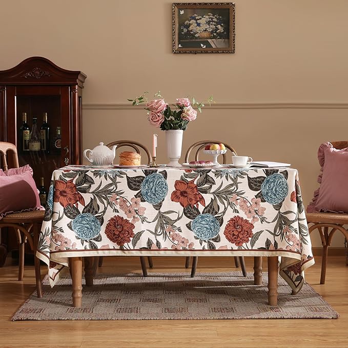 Designer French Linen Tablecloth for Rectangle Table,Red and Blue Floral Rustic Durable Tablecloths,Decor Table Cover for Kitchen,Dining,Thanksgiving,Home,55" × 87"-Burgundyred