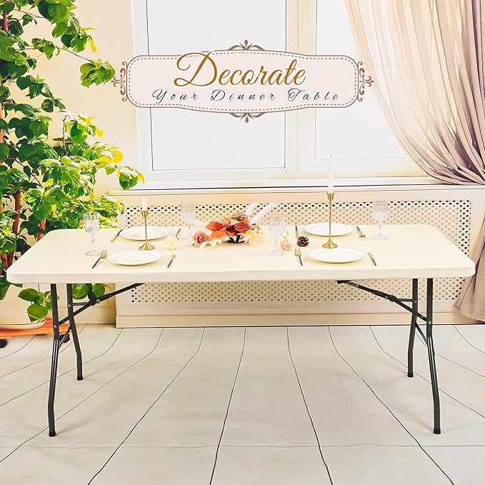 10 Pack Stretch Fabric Table Top Cap Cover, Ivory Table Covers fits 6Ft Tables, Washable Elastic Universal Rectangle Tablecloth Protector for Indoor Outdoor Party Picnic Wedding (30" W x 72" L)