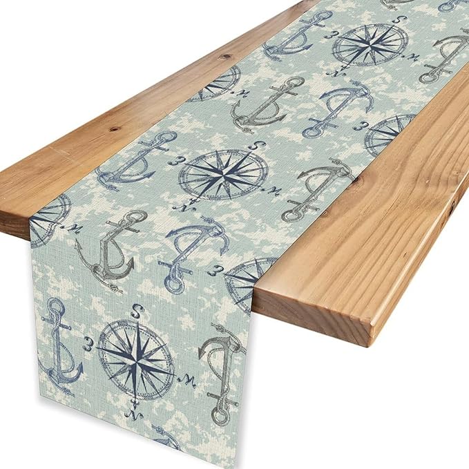 Summer Beach Table Runner, Blue Sea Coastal Nautical Sailboat Map Sketch Compass Ocean Table Runner Seasonal Holiday Home Kitchen Dining Table for Home Party Decor 13"x108"