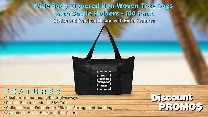 DISCOUNT PROMOS 100 Zippered Non-Woven Tote Bags Set - Customizable Text, Logo - Mesh Pocket, Zippered, Recyclable, Reusable - Black - 19"X14"X3", with Zipper