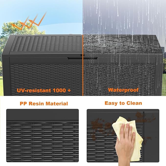 120 Gallon Deck Box,Resin Outdoor Storage Box with Lockable for Patio Furniture, Pool Accessories, Garden Tools Waterproof Outside Storage Box, Black