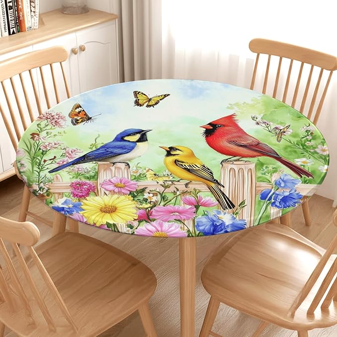 Spring Birds Floral Round Fitted Tablecloth with Elastic Colorful Flower Butterfly Circle Table Cloth for 48-52" Round Tables Wipeable Waterproof Farmhouse Easter Table Cover for Outdoor Picnic Dining