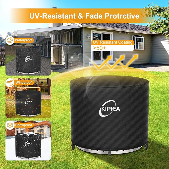 Kipiea Round Fire Pit Cover for Solo Stove Yukon - 100% Waterproof Smokeless Fire Pit Cover, Upgraded 600D Strong Tear and UV Resistant - 28" Dia X 16" H