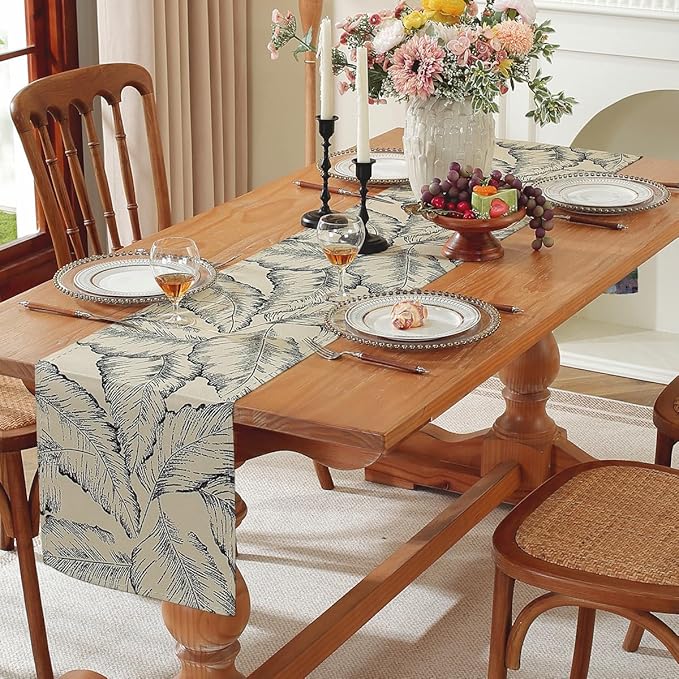 Double-Sided Table Runner - Reversible Oil Painting & Banana Leaf Design, Waterproof Linen Cotton for Dining Table Decor, Holiday Home Decoration（Red）