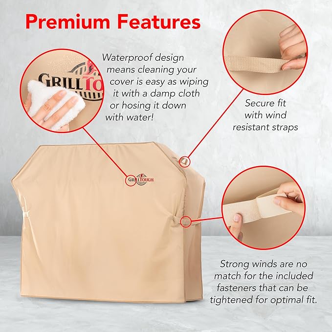 Heavy Duty BBQ Grill Cover for Outdoor Grill, 58 Inch – Waterproof, Weather Resistant, UV & Fade Resistant with Adjustable Straps – Gas Grill Cover for Weber, Genesis, Charbroil, etc. Tan