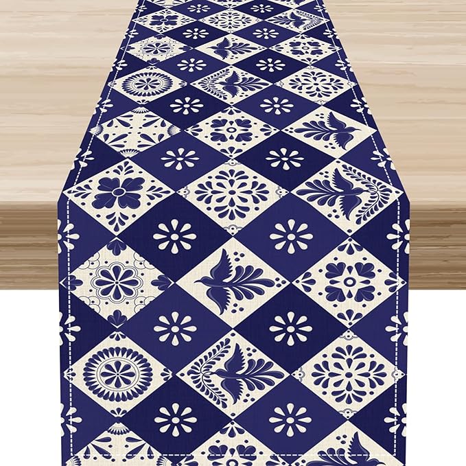 Floral Birds Mexican Table Runner, Blue Mexico Talavera Ceramic Tiles Cinco De Mayo Azulejo Coffee Table Center Decor for Family Kitchen and Dining Patio Indoor Outdoor Table Decorations, 13" X 36"