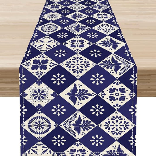 Floral Birds Mexican Table Runner, Blue Mexico Talavera Ceramic Tiles Cinco De Mayo Azulejo Coffee Table Center Decor for Family Kitchen and Dining Patio Indoor Outdoor Table Decorations, 13" X 36"
