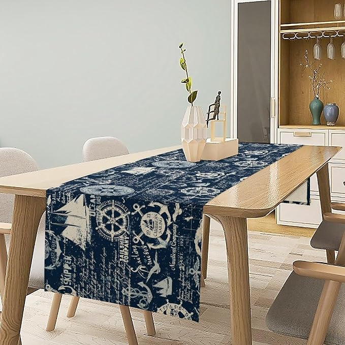 Marine Ship Table Runner, Nautical Pattern Seasonal Farmhouse Sea Rustic Kitchen Dining Table Decoration for Holiday Home Party Festival 13x70in