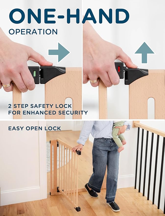 SizeWise™ Wood Pressure Mounted Safety Gate 34.25"-38.18" | Extra-Wide Passage | Auto-Close Two-Way Opening for Doorways and Hallways | Easy Installation | PEFC Certified Beech Wood (28.7" Passage)