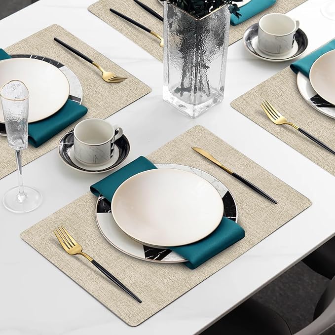 Faux Leather Heat Resistant Placemats Set of 4 – Waterproof Oilproof Wipeable Dining PU Place Mat Easy Clean Table Mats for Kitchen/Dining/Party/Holiday, Beige