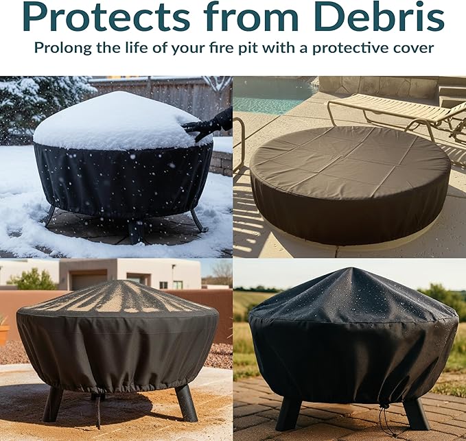 Sunnydaze Round Outdoor Fire Pit Cover - Heavy-Duty 300D Polyester and PVC with Drawstring Closure - Black - 48-Inch