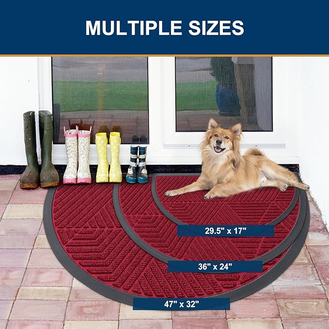 Smiry Half Circle Front Door Mat Outside Entrance, Heavy Duty Sturdy Natural Rubber Doormat, Trap Dirt and Moisture, Low Profile Mats for Indoor Outdoor Entry, Irregular Triangle (29.5x17, Wine Red)