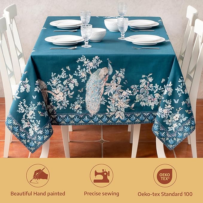 Maison d' Hermine Premium Table Cloth Square Table 100% Combed Cotton 70 x 70 Inches Tablecloth Reusable Decorative for Dining Room, Farmhouse, Party, Festive & Wedding - Peacock Utopia - Deep Sea