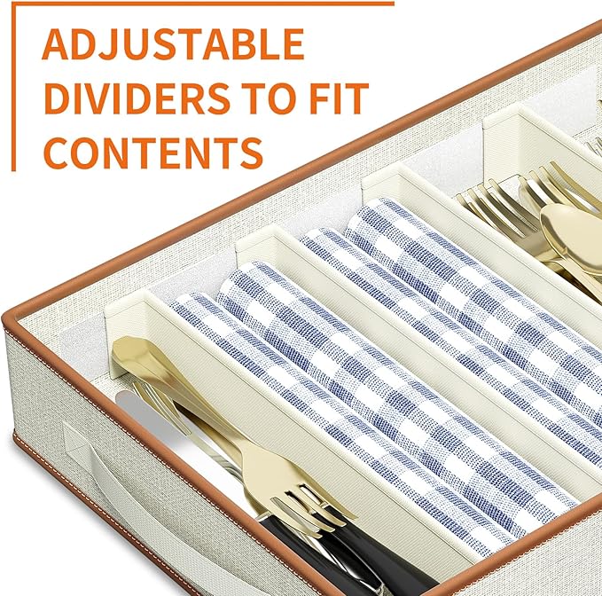 Aokeyee 2 Pack Silverware Storage Box, Sturdy Flatware & Utensil Storage Case with Adjustable Dividers, 5 Compartment Silverware Organizer with Lid and Handle for Utensil, Flatware, Knives, Ivory