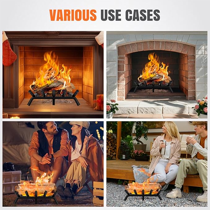 Fireplace Grates with Ember Retainer - 17 Inch Fireplace Log Grate, Firewood Wood Log Holder Rack, Inside Wrought Cast Iron Fire Grate for Hearth Indoor Outdoor Camping