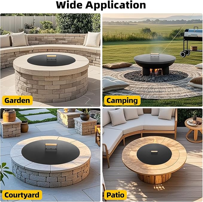 G GOOD GAIN Firepit Lid Round 28 Inch - Rust Resistant Fire Pit Lid Cover with Wooden Handle & Gloves, Fire Pit Snuffer Lid for Courtyards, Patio, Winter Cold Protection.