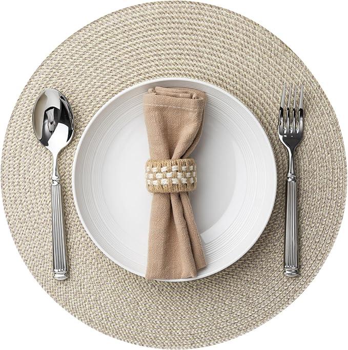 Round Placemats Set of 6 Plastic Woven Placemats Washable Wipeable Table Mats for Dining Table Heat Resistant Non-Slip Circle Place Mats (Beige-Brown)
