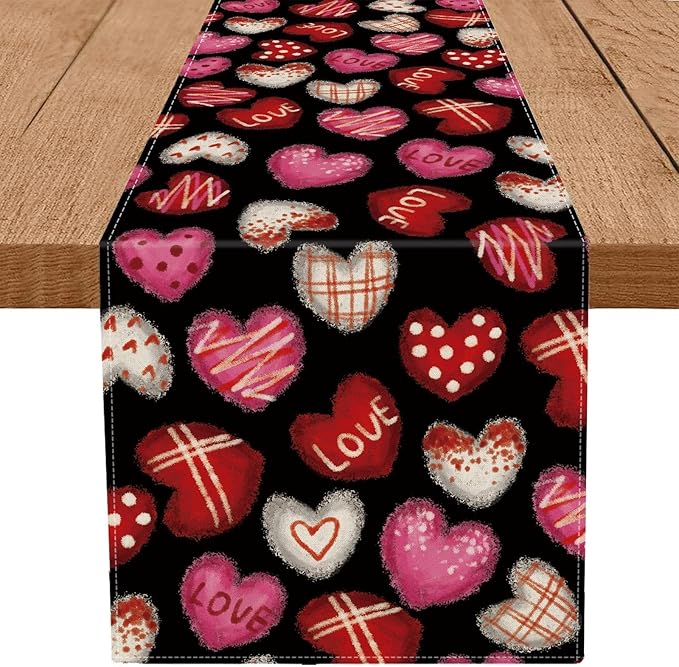 Valentines Day Decorations Table Runner Love Hearts Black Kitchen Dining Table Decor Holiday Anniversary Indoor Outdoor Party Suppies 48×13 Inch