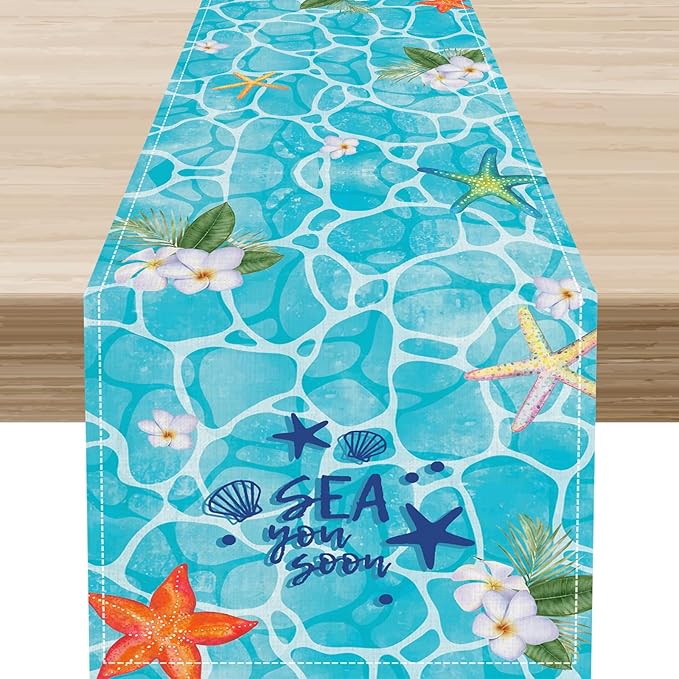 Summer Starfish Table Runner, Blue Sea Coastal Tropical Flower Beach Nautical Starfish Ocean Table Runner Seasonal Holiday Home Kitchen Dining Table for Home Party Decor 13"x108"