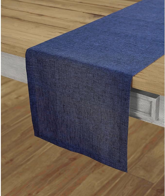 Solino Home Linen Table Runner 60 Inches - 100% Pure Linen Chambray Navy Table Runner 14 x 60 Inch Ideal for Dresser and Coffee Tables - Spring - Athena
