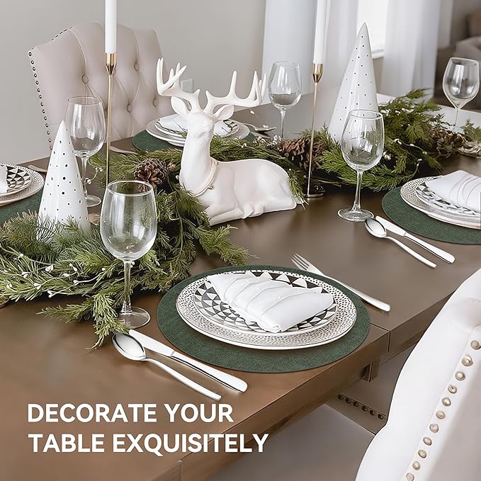 13" Round Placemats Set of 8, Reversible Faux Leather Heat Resistant Table Mats, Waterproof Oilproof Wipeable Table Protective Placemats for Vinyl, Washable for Indoor & Outdoor Use (8, Dark Green)