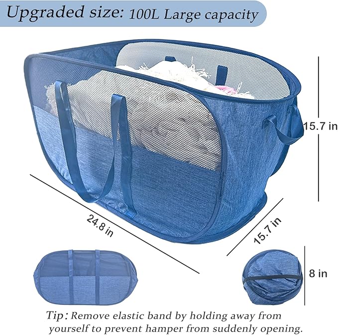 Extra Large Mesh Pop Up Laundry Hamper, 100L Collapsible Laundry Basket, Dirty Clothes Hamper with Reinforced Handles, Storage Bins for Shelves, Dorm or Home Portable Stair Laundry Basket. Blue