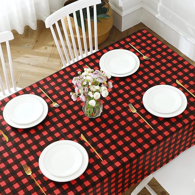 Romanstile Rectangle Vinyl Tablecloth, 100% Waterproof Buffalo Gingham Plastic Table Cloth, Heavy Duty Wipeable Checkered Table Covers for Outdoor, Camping, Picnic, Patio - 60 x 84, Black and Red