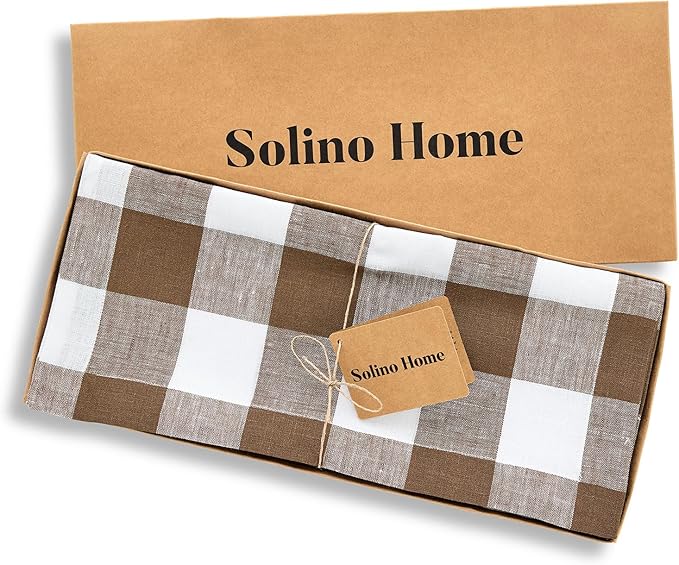 Solino Home Checkered Table Runners 72 Inches Long - 100% Pure Linen Coco Brown and White Buffalo Check Table Runner 14 x 72 Inch Ideal for Dresser, Dining