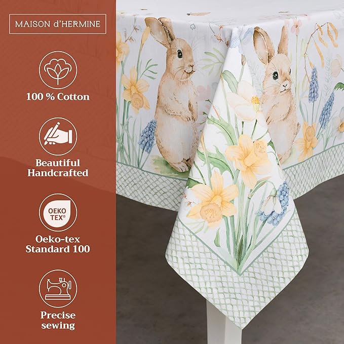 Maison d' Hermine Table Cloth Rectangle Table 100% Cotton 70 x 90 Inches Tablecloth Reusable Decorative for Dining Room, Farmhouse, Home, Party, Festive & Wedding Spring Summer - Easter Dew