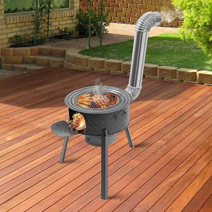 Portable Wood Burning Camping Stove with Grill,Outdoor Camping Stove with 3 Wok Rings 14.96/16.9/18.9 Inch,19.68" Height Freestanding Grills for Backyard, Outdoor Cooking