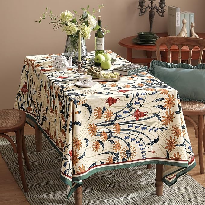 French Vintage Small Square Tablecloth,Linen Tablecloth with Gold and Red Floral Pattern,Decorative Table Cover for Kitchen,Dining,Thanksgiving,Party,Farmhouse,55" × 55"-Tijuana