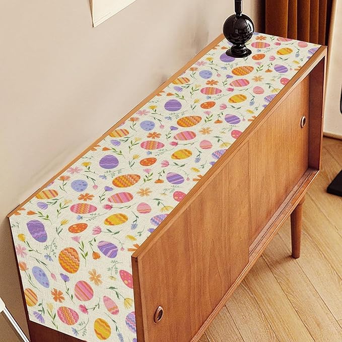 Easter Egg Table Runner,Colorful Egg Pattern Flowers Spring Summer Seasonal Table Center Decor for Family Kitchen and Living Room Outdoor Farmhouse Party Table Decorations, 13"x36"
