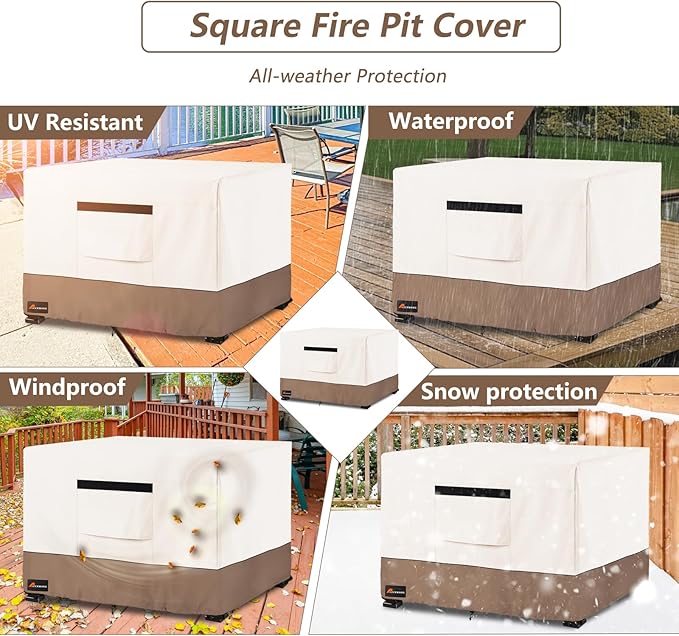 Fire Pit Cover Square, Outdoor Heavy Duty Durable 600D Tear-Resistant 100% Waterproof 30-32 Inch Fire Pit Cover, Patio Weatherproof Square Fire Table Protector, Beige 32" L x 32" W x 24" H