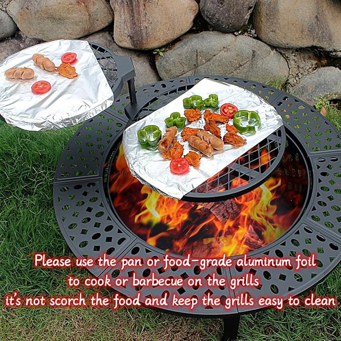 36 Inch Fire Pit with 2 Grills, Wood Burning Fire Pits for Outside with Lid, Poker and Round Waterproof Cover, BBQ& Outdoor Firepit & Round Metal Table 3 in 1 for Patio, Picnic, Party