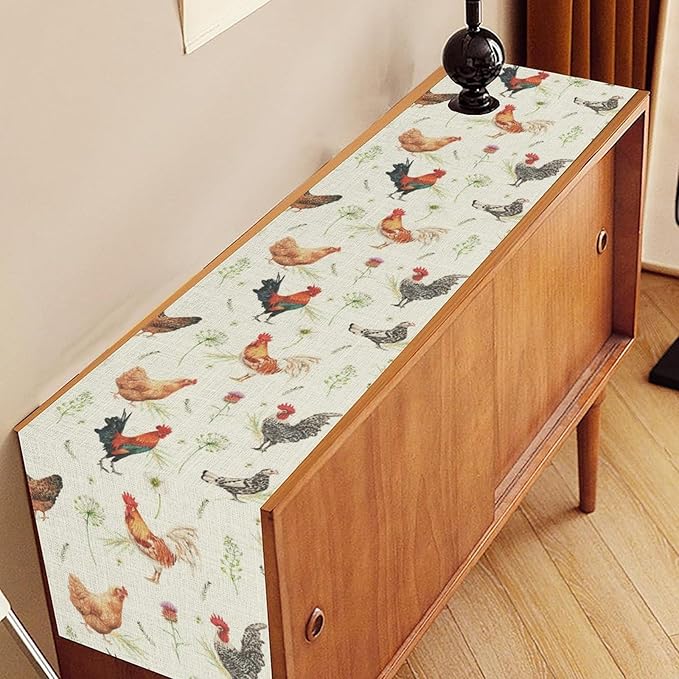 Farmhouse Rooster Table Runner, Rustic Farm Animals Cow Pig Chicken Coffee Table Center Decor for Home Kitchen Dining Patio Holiday Party Indoor Outdoor Table Decorations, 13"x72" Inch