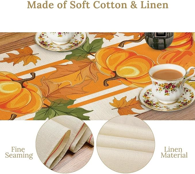 Fall Pumpkin Table Runner, Autumn Orange Maple Leaves Print Table Runner for Thanksgiving Harvest Holiday Indoor Outdoor Table Decoration, 13x90inch