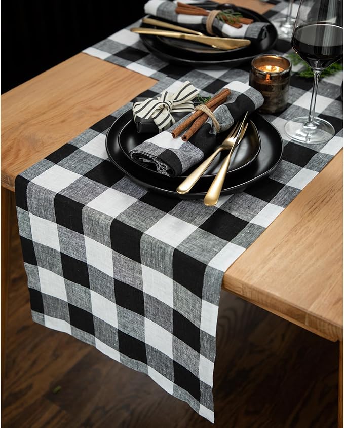 Solino Home Linen Checkered Table Runner 108 Inches Long - 100% Pure Linen Black and White Buffalo Check Table Runner 14 x 108 Inch Ideal for Dining
