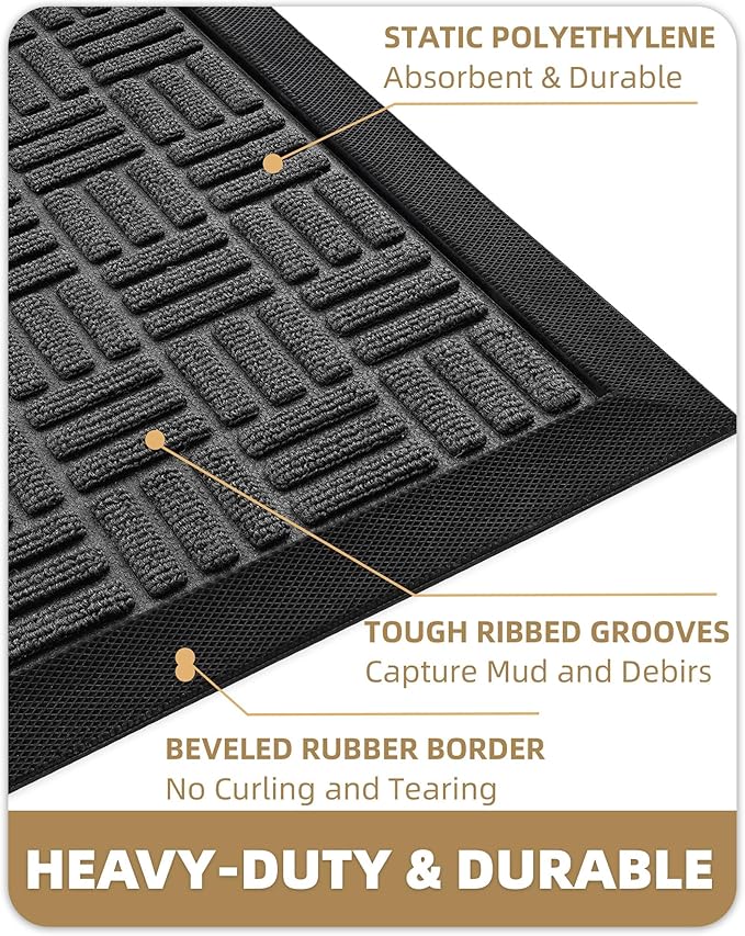Color&Geometry Large Front Door Mat Outside Entrance, Heavy Duty Non Slip Low Profile Doormat for Entryway, Trap Dirt and Moisture Welcome Mats All-Weather, Easy Clean, Patio, Garage, 48"x72" Grey