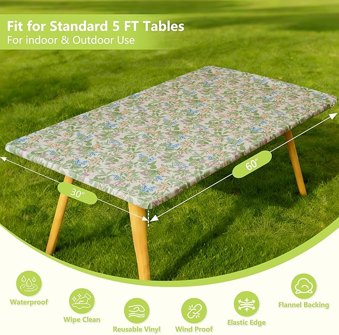 Rectangle Picnic Table Cloth, Elastic Waterproof Fitted Vinyl Tablecloths for 5 Foot Tables, Wipeable Flannel Backed Table Covers for Dining, Camping, Outdoor(Mulberry,30"x60")
