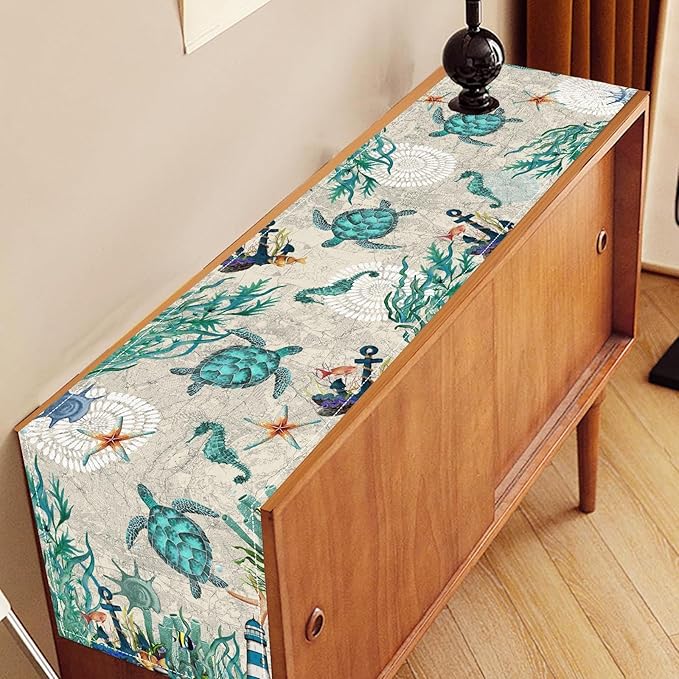 Sea Turtle Table Runner, Summer Coastal Starfish Seahorse Seashells Coastal Nautical Tropical Ocean Rustic Farmhouse Table Center Decor for Home Kitchen Dining Patio Indoor Outdoor, 13"x90" Inch