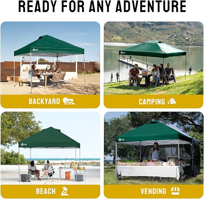 CROWN SHADES 10x10 Pop Up Canopy - Beach Tent with One Push Setup - Easy Outdoor Sun Shade for Events, Parties, Camping - Gazebo with STO-N-Go Cover Bag, Silver Coated Top, Forest Green