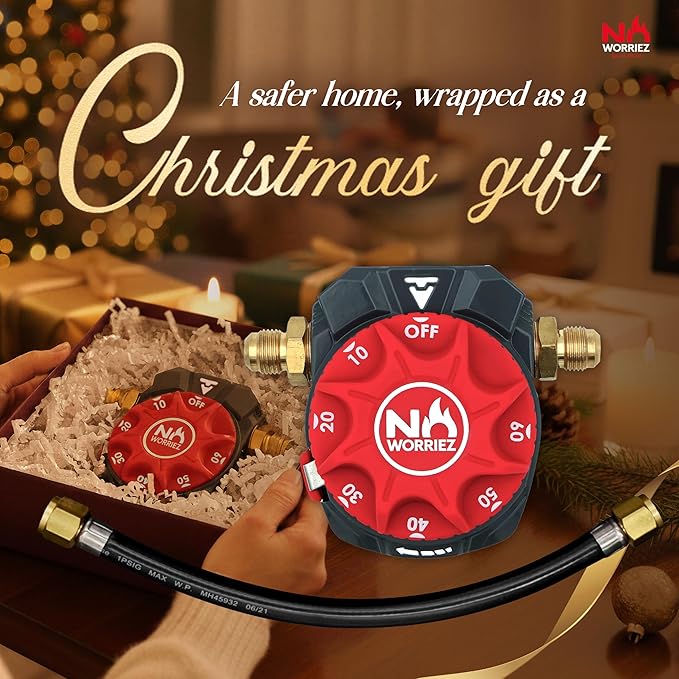 NO WORRIEZ Safety Auto Shut-Off Gas Timer for Propane & Natural Gas | Outdoor Grill, Fire Pit, Pizza Oven | – 100,000 BTU w/ 3/8" Flared Connector & Hose, Patent Pending