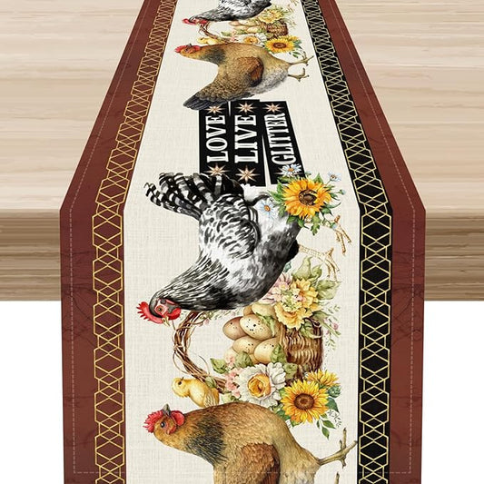 Farmhouse Rooster Table Runner, Rustic Vintage Chicken Egg Sunflower Floral Cow Hen Red Coffee Table Center Decor for Family Kitchen and Dining Room Outdoor Country Party Table Decorations, 13"x36"