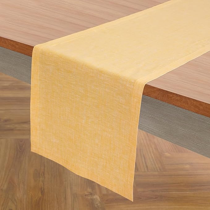 Solino Home Linen Table Runner 108 Inches Long - Athena, 100% Pure Linen Chambray Mustard Yellow Table Runner 14 x 108 Inch for Dining, Spring, Easter