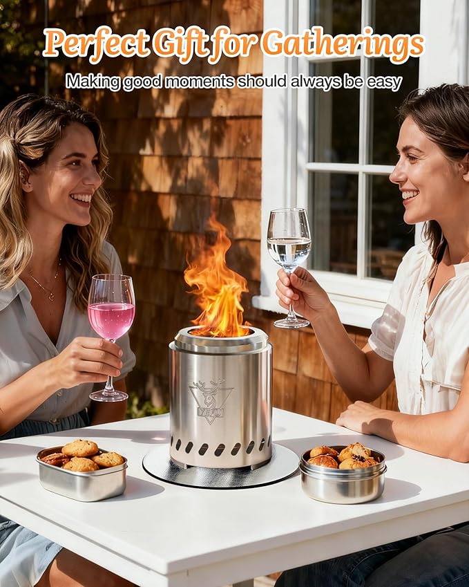 YEFU Tabletop Fire Pit 7.5 x 5.5 in, Low Smoke Camping Stove for Outdoor & Patio, Fueled by Pellets or Wood, Safe Burning Table Top Firepit, with Travel Bag & 2 Mini Sticks & Fireproof Mat, Silver