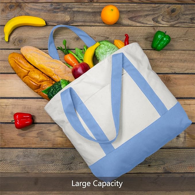 TOPDesign 1-Pack Canvas Tote Bag with an External Pocket, Reusable Grocery Shopping Bag, Top Zipper Closure, Daily Essentials (Light Blue/Natural)