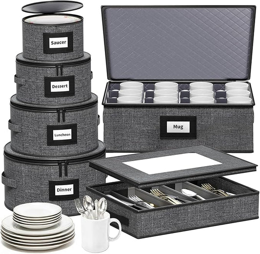 Aokeyee China Storage Containers- 6 Piece Set Hard Shell Moving Box for Dishes, Plate, Mugs, Cups, Silverware, Flatware, Saucers, Dinnerware, Sturdy Quilted Organizer with Soft Dividers, Handles, Grey