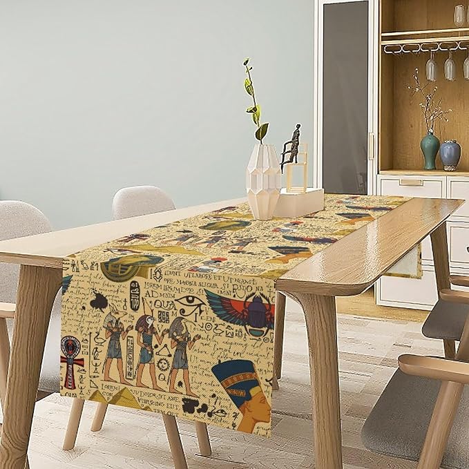 Ancient Egypt Table Runner, Egyptian Symbols Vintage Gold Pharaoh Pyramid Design Table Runner for Kitchen Family Dining Holiday Party 13x120in
