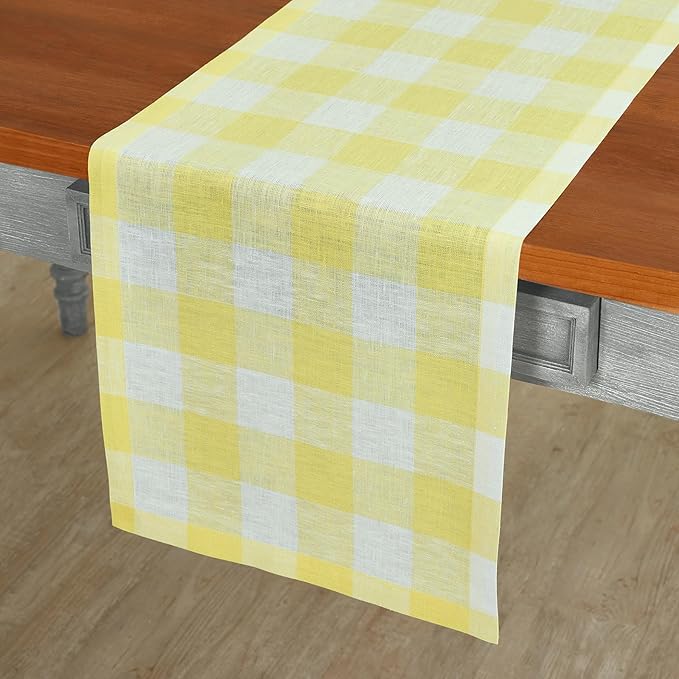 Solino Home Linen Checkered Table Runner 120 Inches Long - 100% Pure Linen Yellow and White Buffalo Check Table Runner 14 x 120 Inch Ideal for Dining, Spring, Easter